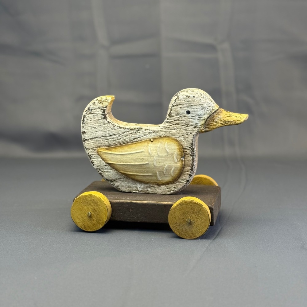 Antique Handmade Wood Duck Pull Toy Rustic Folk Art Primitive Decor Yellow White